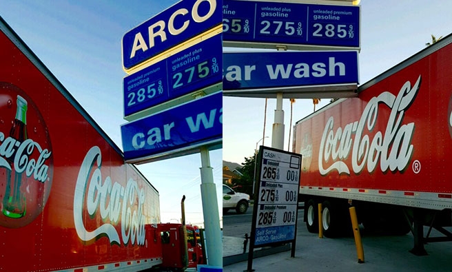 Newly installed Arco Gas Station sign got hit by Coca cola Truck